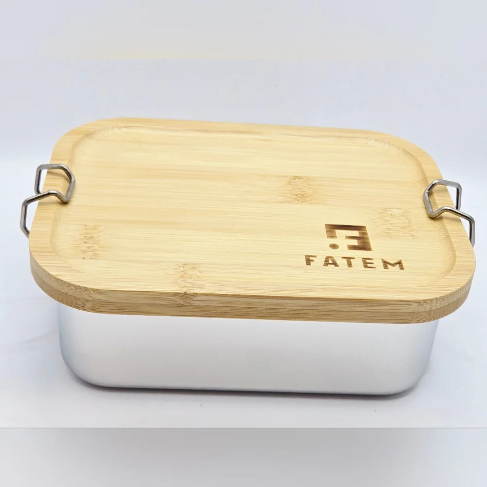 FATEM Stainless Steel Lunch Box with Bamboo Lid - Silver and Natural Wood - Picture 5 of 8